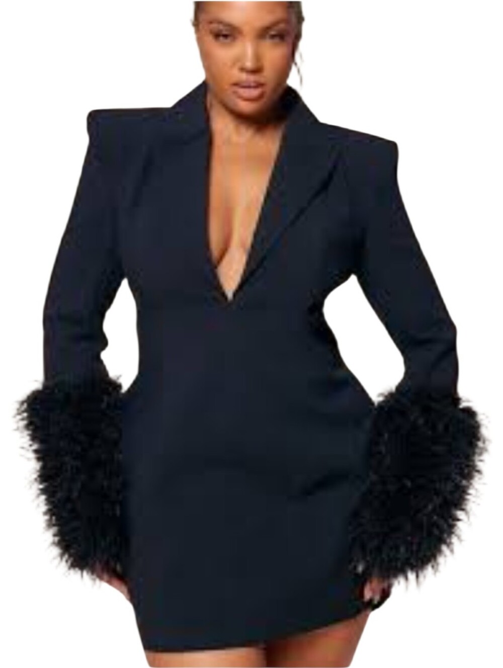 PrettyLittleThing Black Blazer Dress with Dramatic Shearling Cuffs Size 12 NWT